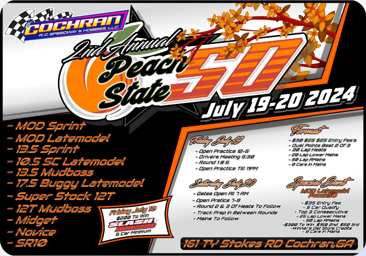 Flyer for the Lil Cochran RC Speedway Peach State 50 event.