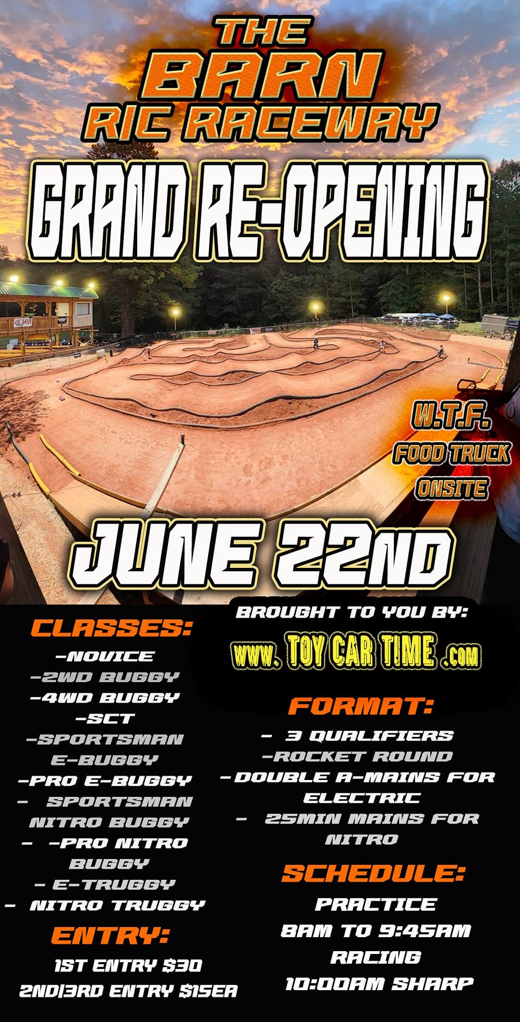 Flyer for The Barn RC Raceway's grand reopening.