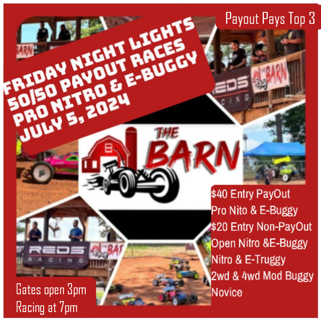Flyer for the Barn RC Raceway July 6 race.